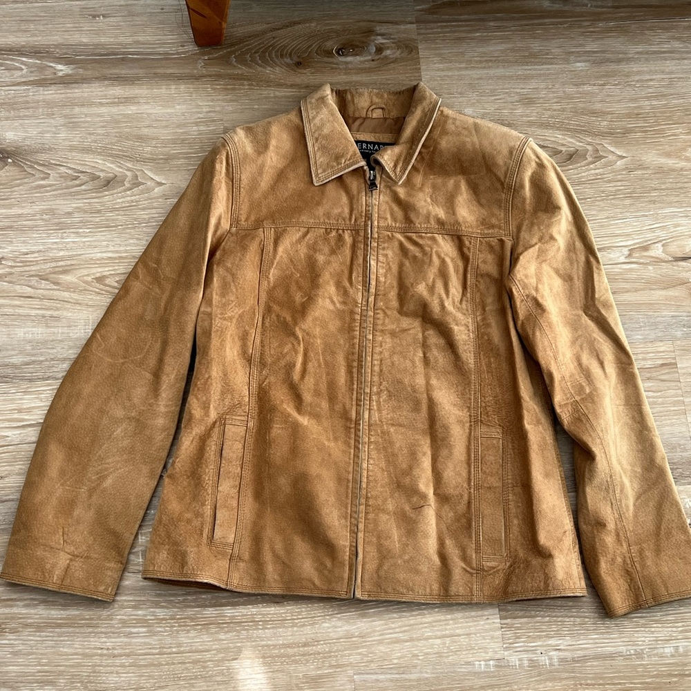 Bernardo Tan Leather Jacket with Fitted Silhouette and Standing Collar